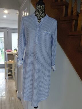 100%cottonLight Blue Striped Nightshirt with Floral Trim
